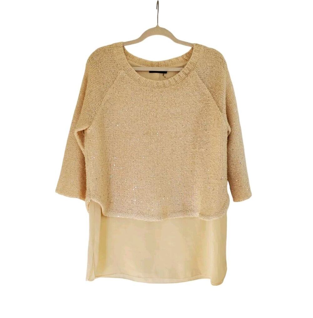 THML Ivory Sequin Layered 3/4 Sleeve Back Button Tunic Sweater Blouse, Sz Medium